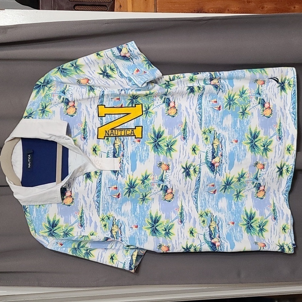 Nautica Mens Collared Button Polo Shirt Hawaiian Tropical Print Size L EUC